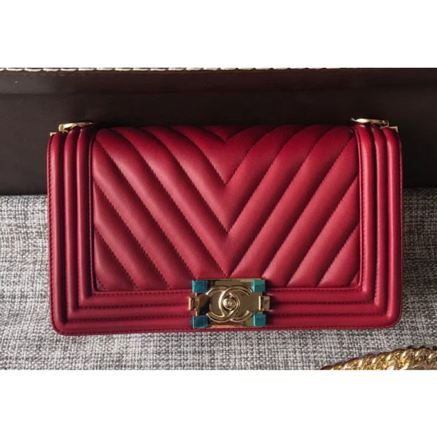 Chanel Shine Gold Hardware Boy Chevron Flap Medium Bag Dark Red