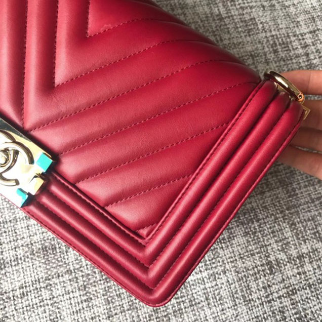 Chanel Shine Gold Hardware Boy Chevron Flap Medium Bag Dark Red
