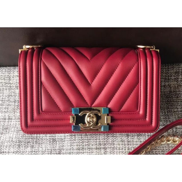 Chanel Shine Gold Hardware Boy Chevron Flap Small Bag Dark Red