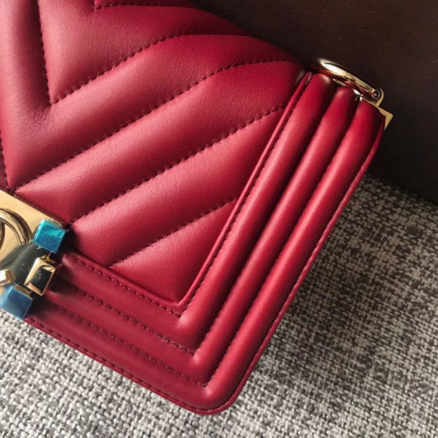 Chanel Shine Gold Hardware Boy Chevron Flap Small Bag Dark Red