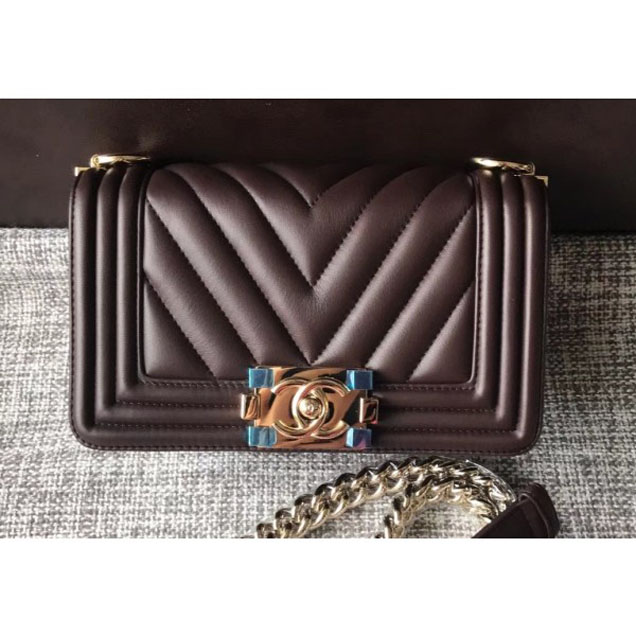 Chanel Shine Gold Hardware Boy Chevron Flap Small Bag Coffee