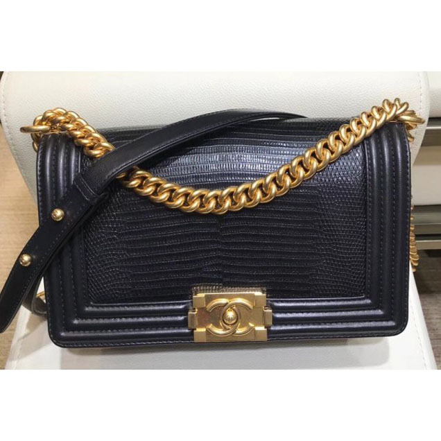 Chanel Lizard Pattern Boy Flap Shoulder Medium Bag Black