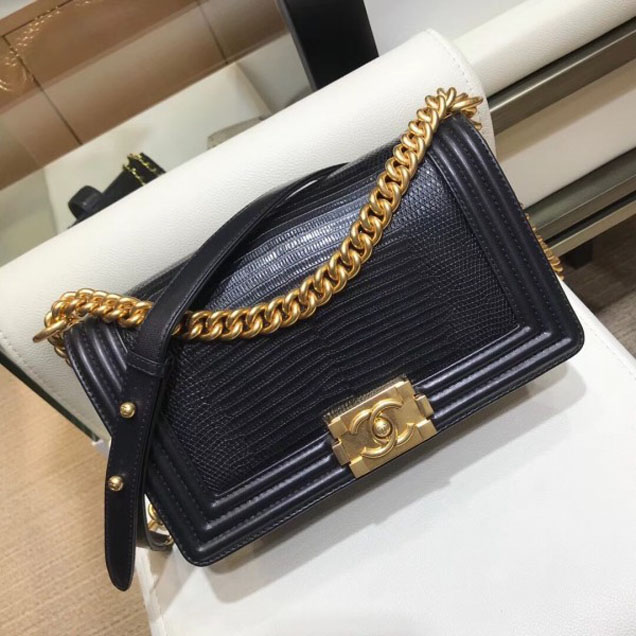 Chanel Lizard Pattern Boy Flap Shoulder Medium Bag Black