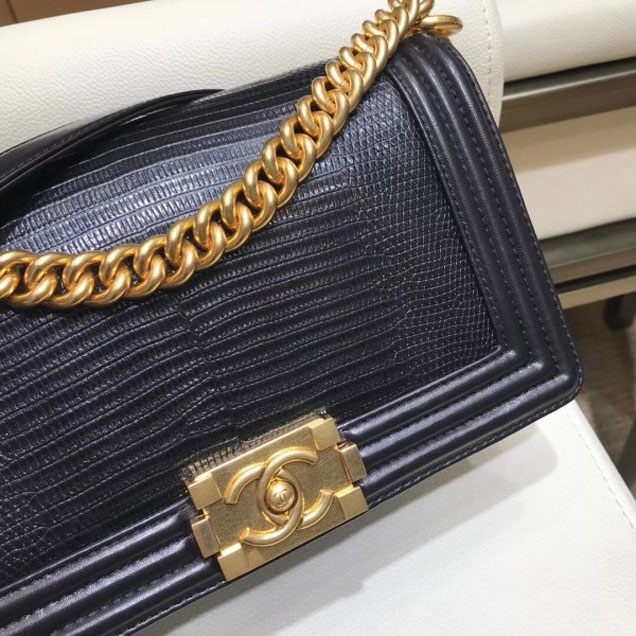 Chanel Lizard Pattern Boy Flap Shoulder Medium Bag Black
