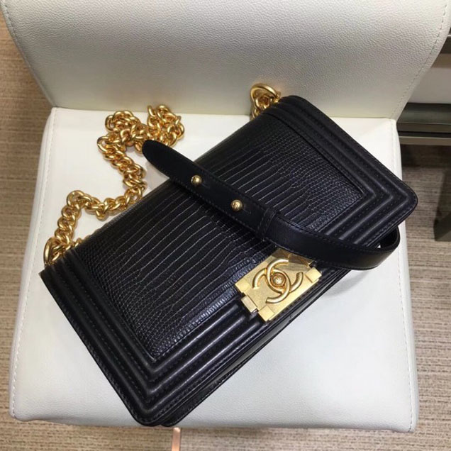 Chanel Lizard Pattern Boy Flap Shoulder Medium Bag Black