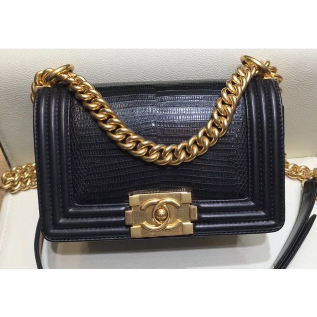 Chanel Lizard Pattern Boy Flap Shoulder Small Bag Black