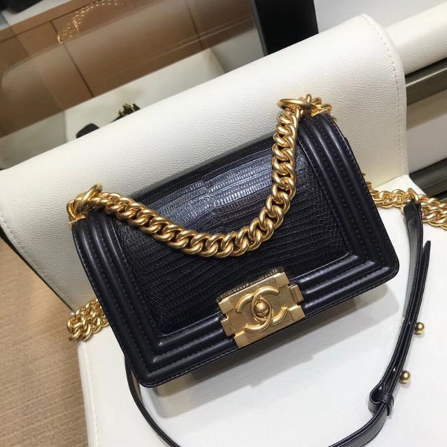 Chanel Lizard Pattern Boy Flap Shoulder Small Bag Black