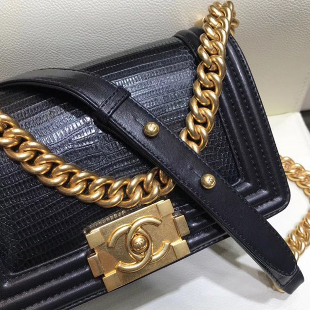 Chanel Lizard Pattern Boy Flap Shoulder Small Bag Black