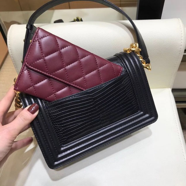 Chanel Lizard Pattern Boy Flap Shoulder Small Bag Black