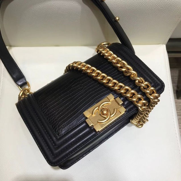 Chanel Lizard Pattern Boy Flap Shoulder Small Bag Black