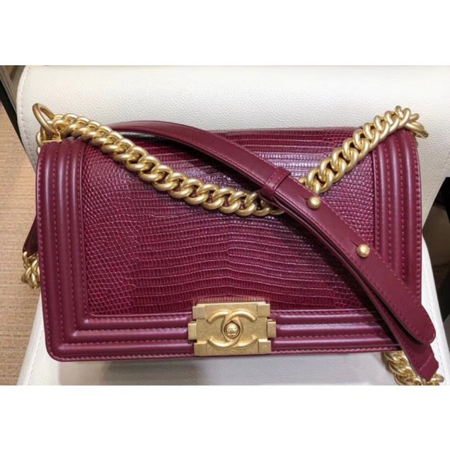 Chanel Lizard Pattern Boy Flap Shoulder Medium Bag Burgundy