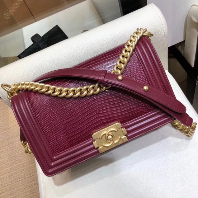 Chanel Lizard Pattern Boy Flap Shoulder Medium Bag Burgundy