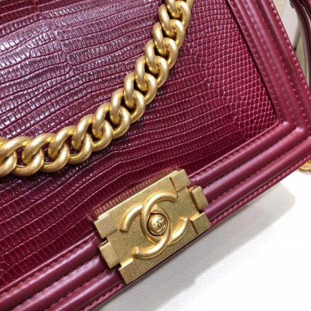 Chanel Lizard Pattern Boy Flap Shoulder Medium Bag Burgundy