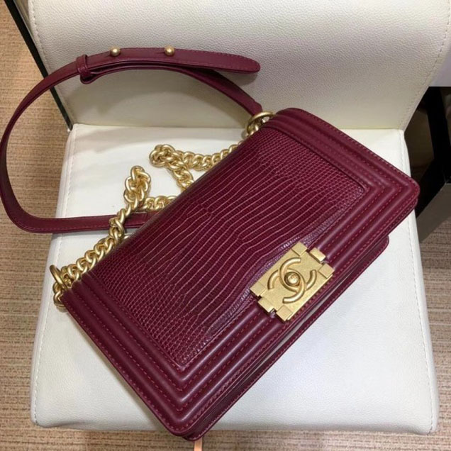 Chanel Lizard Pattern Boy Flap Shoulder Medium Bag Burgundy