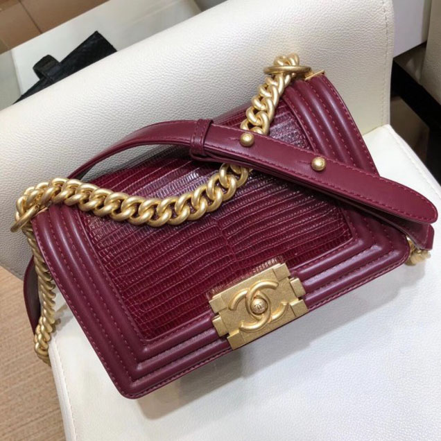 Chanel Lizard Pattern Boy Flap Shoulder Small Bag Burgundy