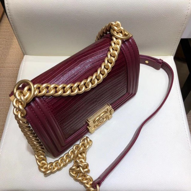 Chanel Lizard Pattern Boy Flap Shoulder Small Bag Burgundy