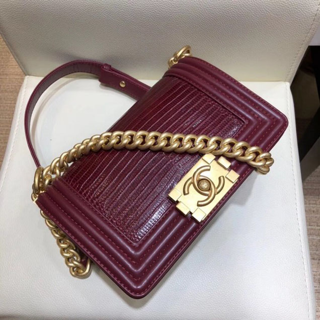 Chanel Lizard Pattern Boy Flap Shoulder Small Bag Burgundy
