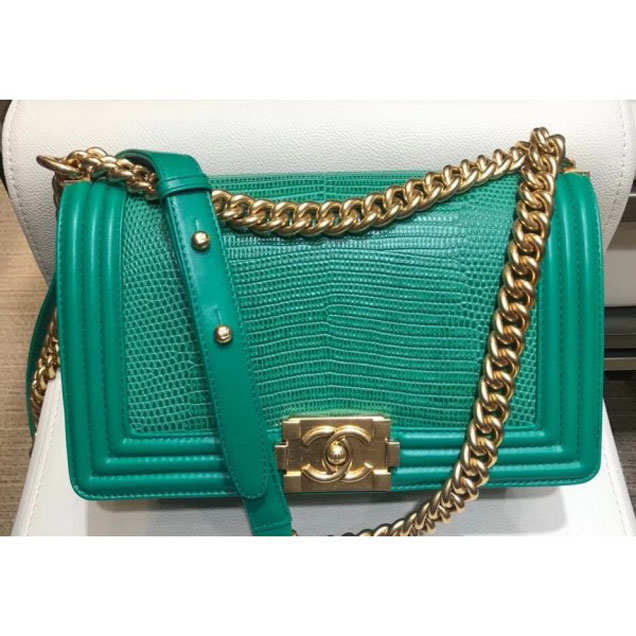 Chanel Lizard Pattern Boy Flap Shoulder Medium Bag Green