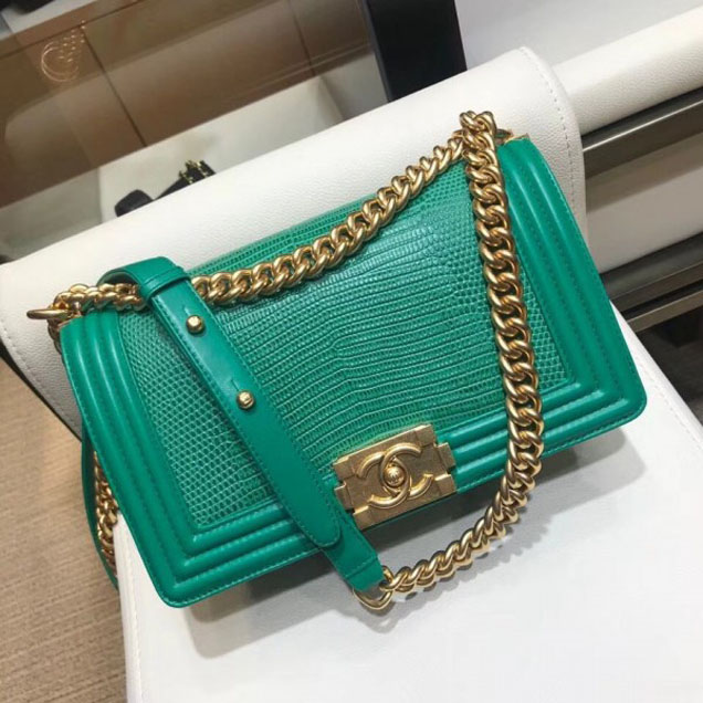 Chanel Lizard Pattern Boy Flap Shoulder Medium Bag Green