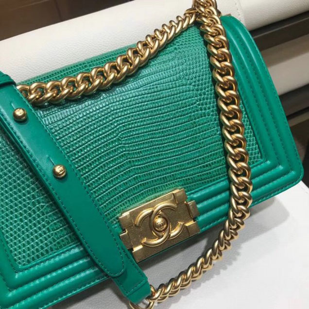 Chanel Lizard Pattern Boy Flap Shoulder Medium Bag Green
