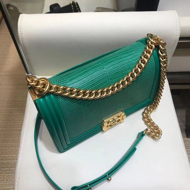 Chanel Lizard Pattern Boy Flap Shoulder Medium Bag Green