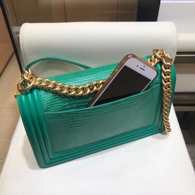 Chanel Lizard Pattern Boy Flap Shoulder Medium Bag Green