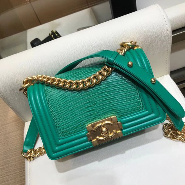Chanel Lizard Pattern Boy Flap Shoulder Small Bag Green
