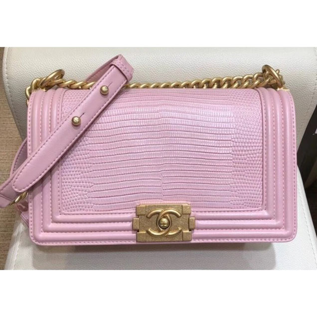 Chanel Lizard Pattern Boy Flap Shoulder Medium Bag Pink