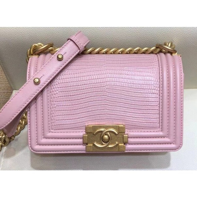 Chanel Lizard Pattern Boy Flap Shoulder Small Bag Pink