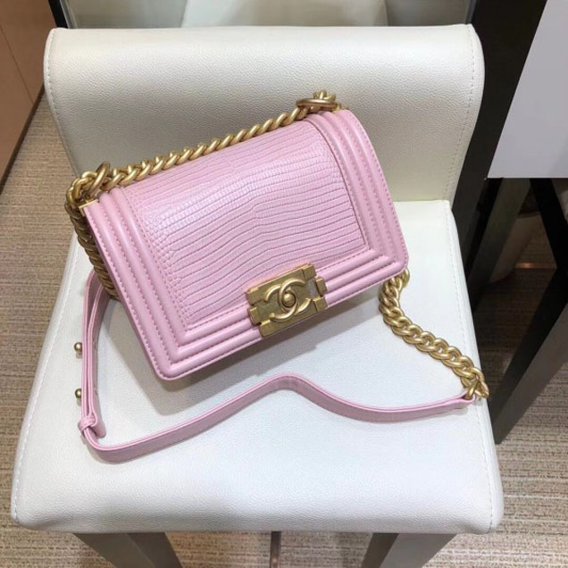 Chanel Lizard Pattern Boy Flap Shoulder Small Bag Pink