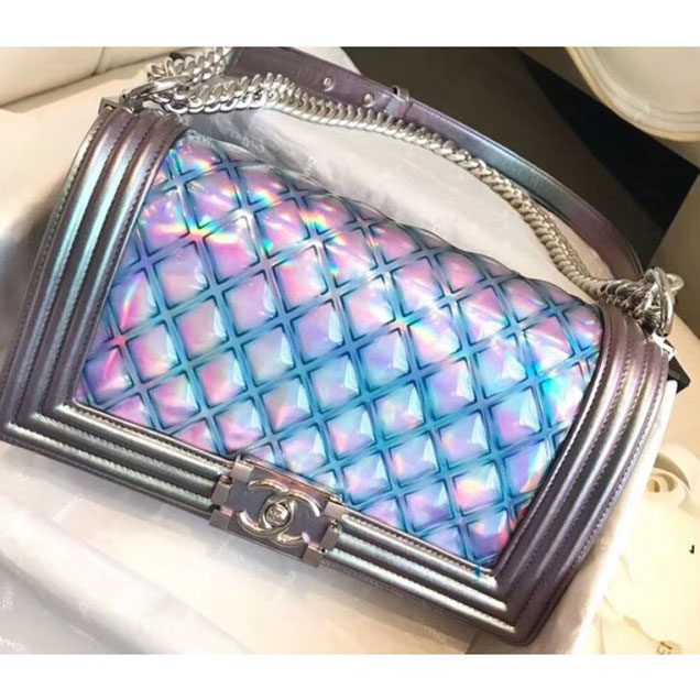 Chanel PVC/Iridescent Patent Boy Water Flap Medium Bag Purple 2018