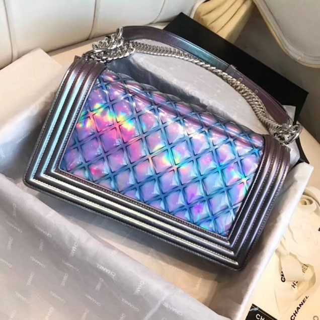 Chanel PVC/Iridescent Patent Boy Water Flap Medium Bag Purple 2018