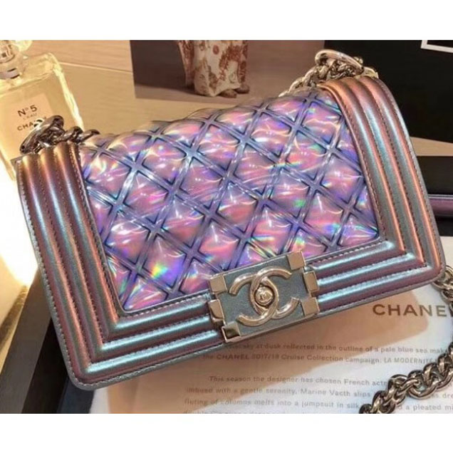 Chanel PVC/Iridescent Patent Boy Water Flap Small Bag Purple 2018