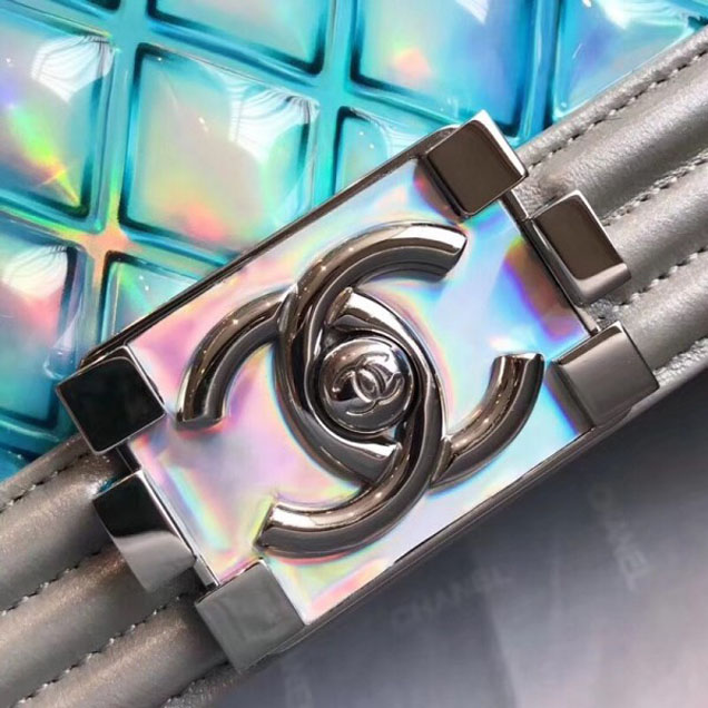 Chanel PVC/Iridescent Patent Boy Water Flap Medium Bag Blue 2018