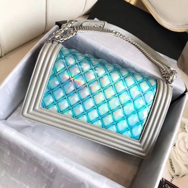 Chanel PVC/Iridescent Patent Boy Water Flap Medium Bag Blue 2018