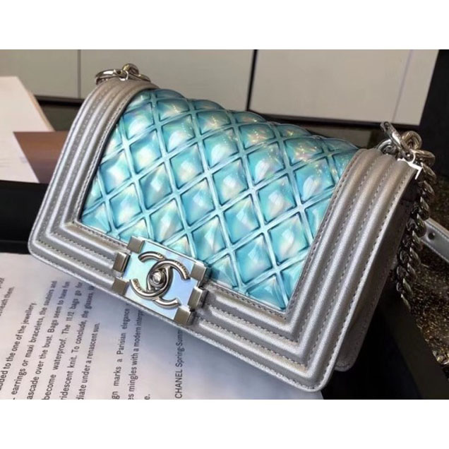 Chanel PVC/Iridescent Patent Boy Water Flap Small Bag Blue 2018