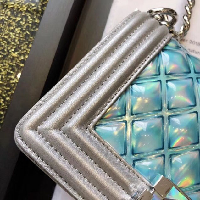 Chanel PVC/Iridescent Patent Boy Water Flap Small Bag Blue 2018
