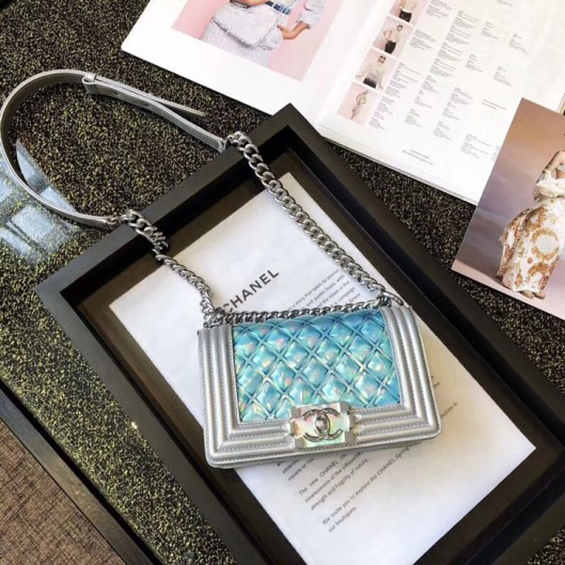 Chanel PVC/Iridescent Patent Boy Water Flap Small Bag Blue 2018