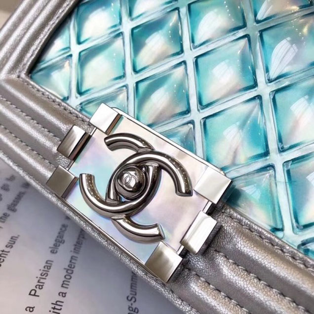 Chanel PVC/Iridescent Patent Boy Water Flap Small Bag Blue 2018