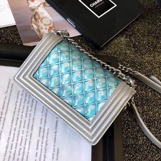 Chanel PVC/Iridescent Patent Boy Water Flap Small Bag Blue 2018