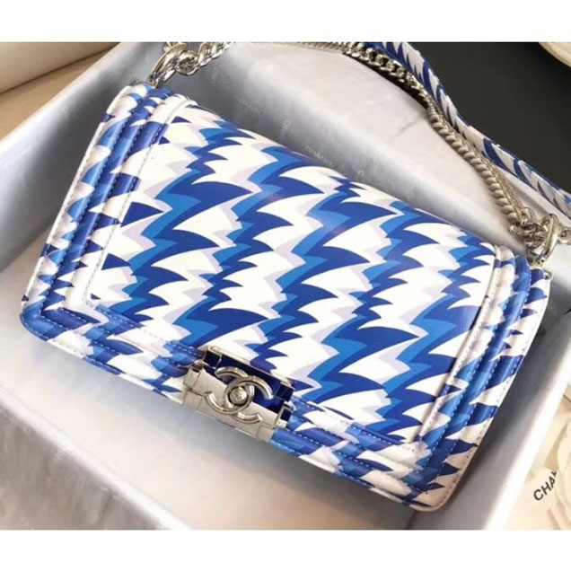 Chanel Lambskin Printing and Dyeing Boy Flap Medium Bag White/Blue 2018