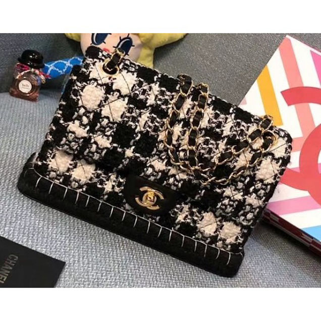 Chanel Tweed and Woven Straw Classic Flap Bag Black 2018