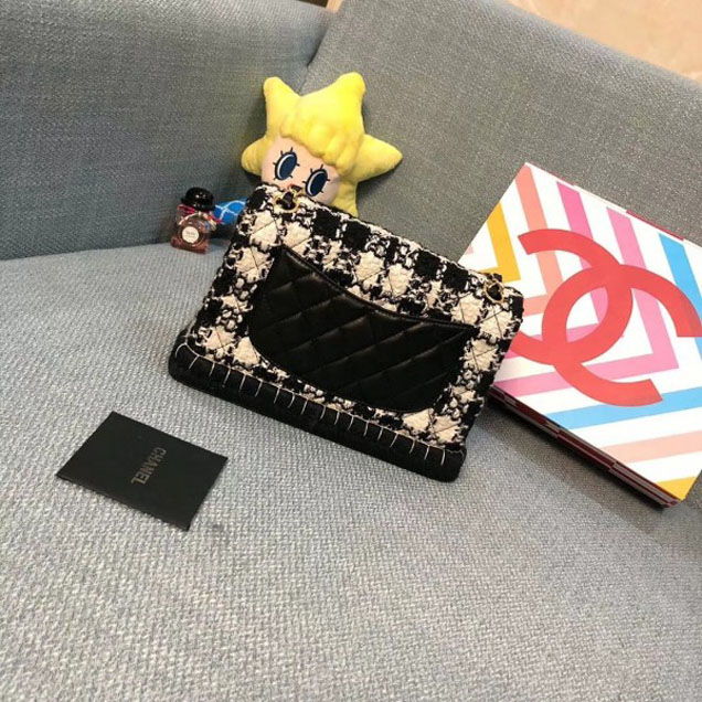 Chanel Tweed and Woven Straw Classic Flap Bag Black 2018