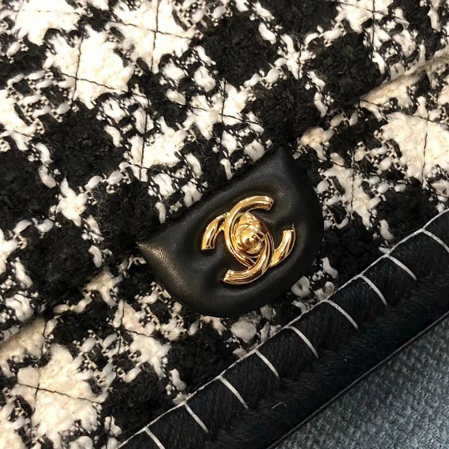 Chanel Tweed and Woven Straw Classic Flap Bag Black 2018