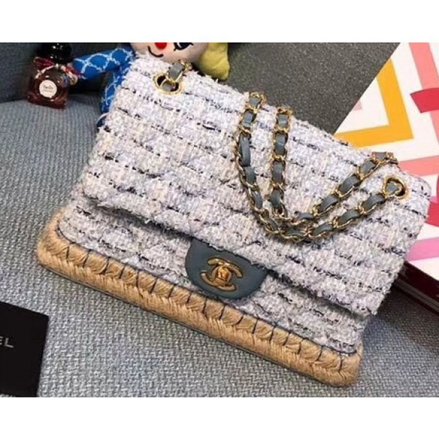 Chanel Tweed and Woven Straw Classic Flap Bag Gray 2018