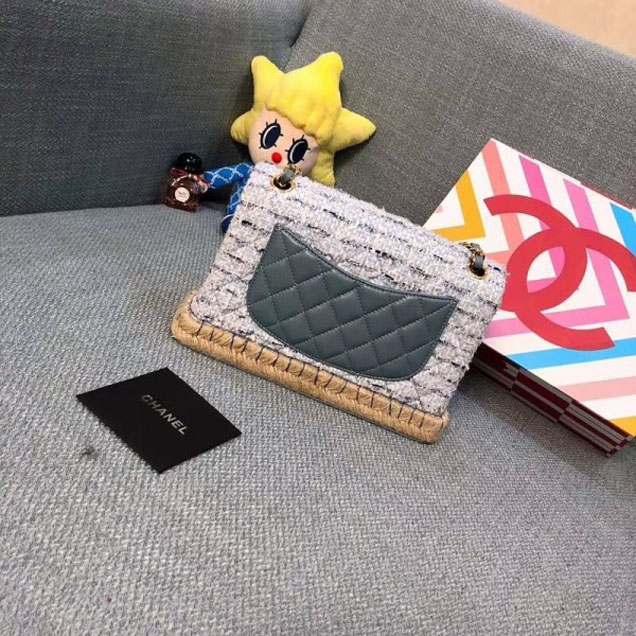 Chanel Tweed and Woven Straw Classic Flap Bag Gray 2018