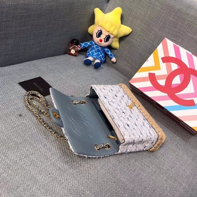 Chanel Tweed and Woven Straw Classic Flap Bag Gray 2018
