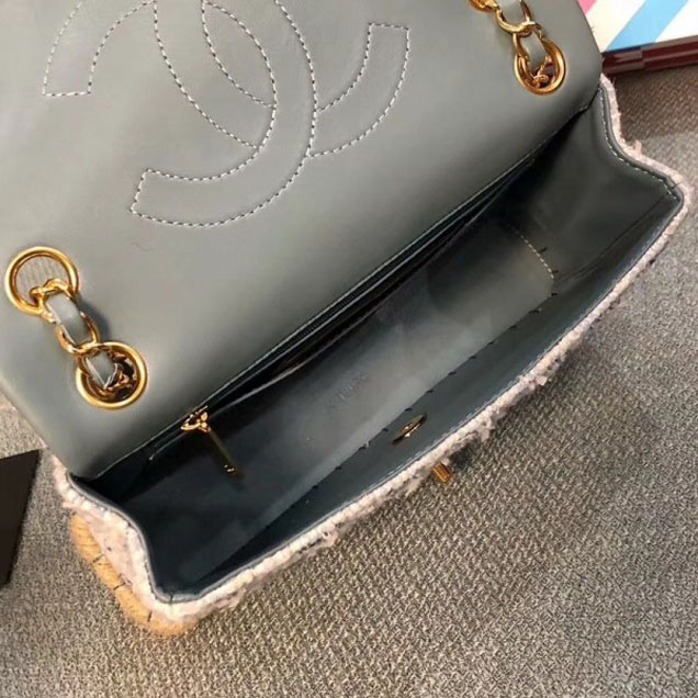 Chanel Tweed and Woven Straw Classic Flap Bag Gray 2018