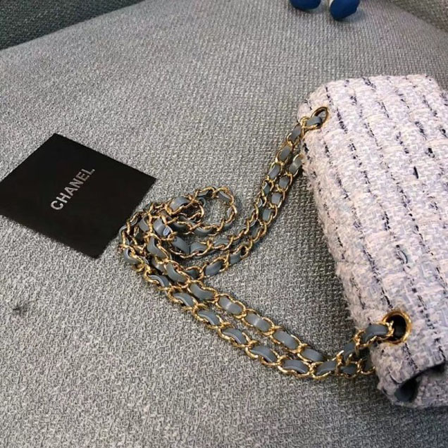 Chanel Tweed and Woven Straw Classic Flap Bag Gray 2018