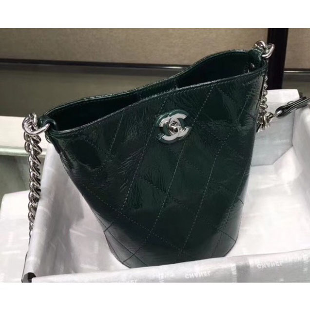 Chanel Crumpled Calfskin Small Bucket Bag A57636 Dark Green 2018